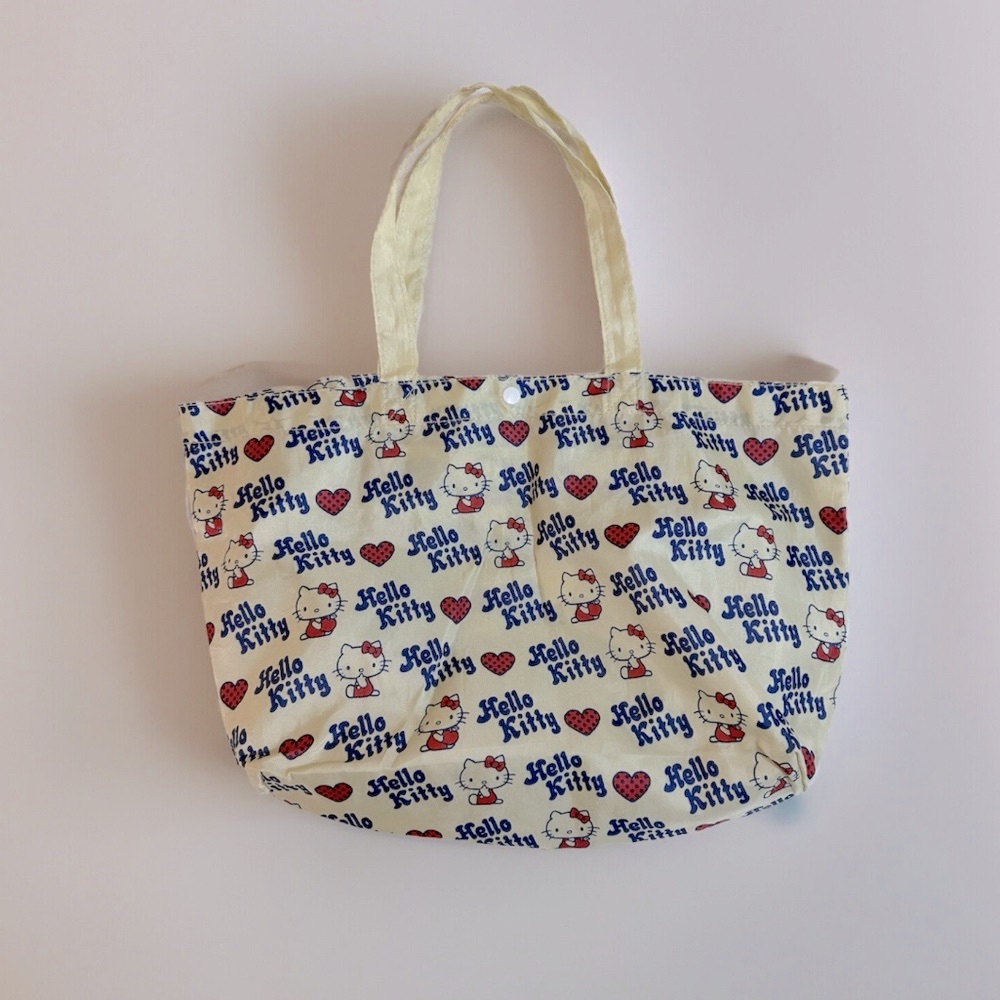 Vintage Sanrio - Hello Kitty Tote Bag Hearts Cream Pattern - Medium Snap Close